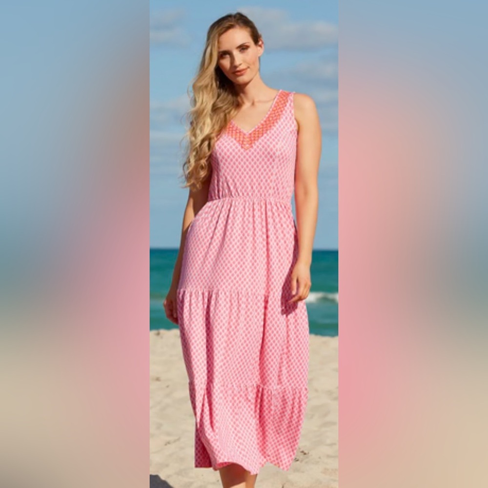 Cabana Life Small Embroidered Coral‎ V-Neck Tasseled Maxi Sun Dress Summer UPF50